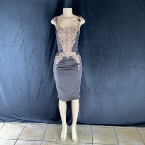 Elegant Gray and Pink Embellished Dress